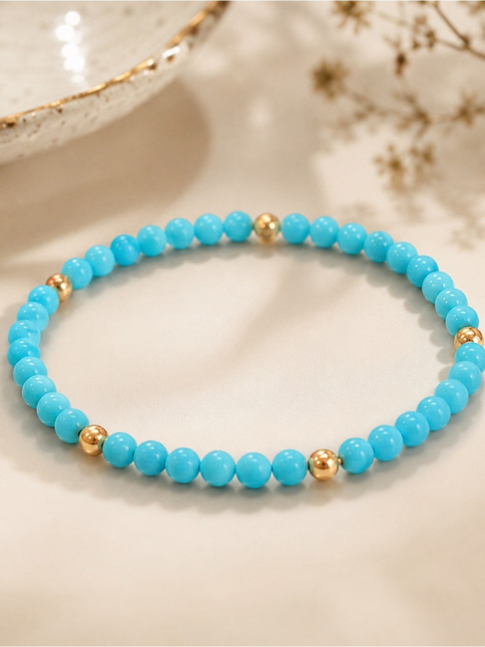 Genuine Turquoise & 14K Gold Beaded Stretch Bracelet